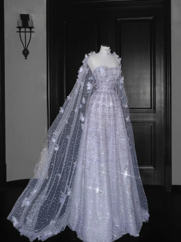Purple Butterfly A Line Strapless Sequin Tulle Long Prom Dress Party Dress HZ1023